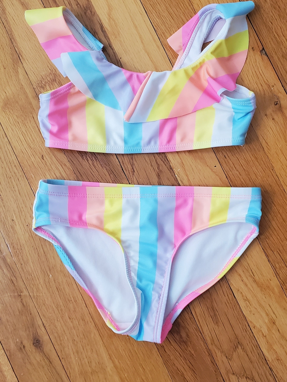 Justice Pastel Rainbow Stripe Ruffle Bikini - Pink, Blue, Yellow, White